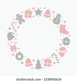 Minimalist Christmas wreath with ornaments on background with copyspace. Vector