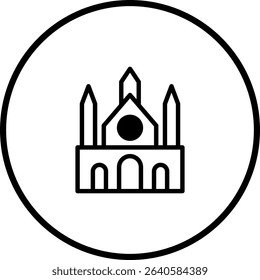 Minimalist Church Building Icon Design within a Circular Frame Presentation