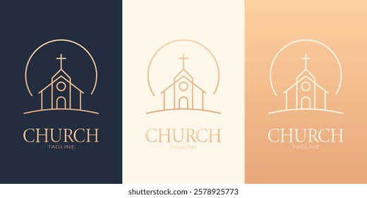 Minimalist church logo with cross and elegant typography. Religious emblem in three color variations. Best for web, print, polygraphy, businesscards, signboards, logo and branding design.