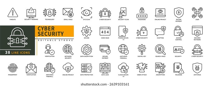 Minimalist ciber security line icon set with editable stroke, featuring threats, security warning, email virus, secure, code issue, data encription, verification, data leak, online, etc. illustration.