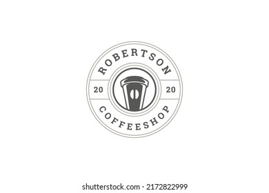 Minimalist circle frame coffee paper cup with lid coffeeshop cafe take away hot beverage logo template design vector illustration. Vintage rounded border morning fragrance drink to go bistro emblem