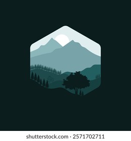 Minimalist Circle Frame Mountain Range Silhouette Vector Illustration