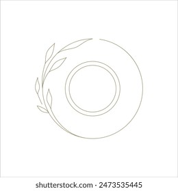 Minimalist circle frame with natural tree branch leaves hand drawn line art decor for logo vector illustration. Monochrome botanical round border with spring garden plant outline element for emblem