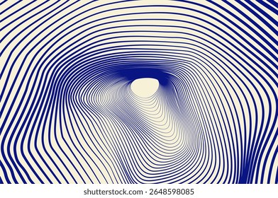 Distorsión de línea circular minimalista, malla, fondo abstracto ondulado. Túnel, efecto de onda de sonido 3d concepto de diseño retro azul.