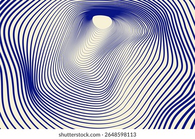 Distorção minimalista da linha de círculo, malha, fundo abstrato ondulado. Túnel, efeito de onda sonora 3d azul retro design conceito.