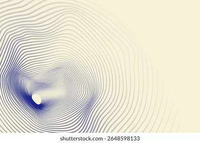 Minimalist circle line distortion, mesh, wavy abstract background. Tunnel, sound wave effect 3d blue retro design concept.