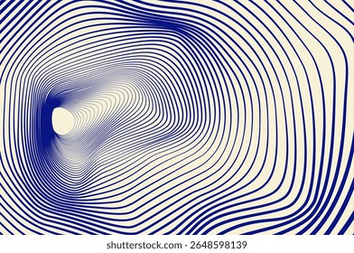 Minimalist circle line distortion, mesh, wavy abstract background. Tunnel, sound wave effect 3d blue retro design concept.