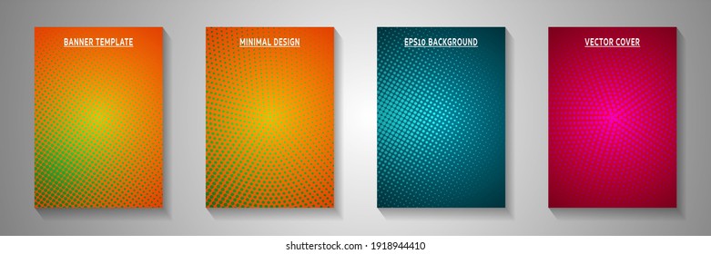 Minimalist circle perforated halftone front page templates vector collection. Scientific notebook faded halftone backgrounds. Retro comics style cover layouts. Linear design.