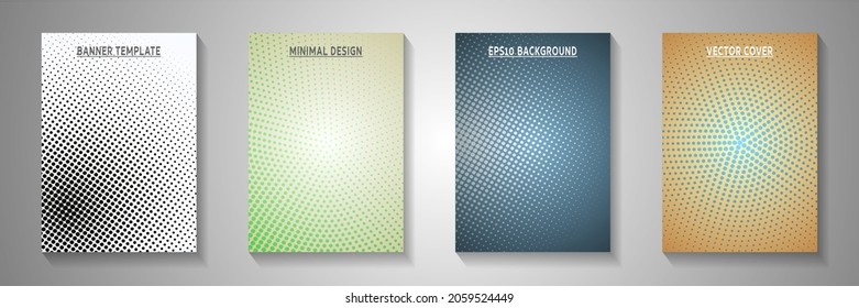 Grapación de tono de la pantalla de círculo minimalista plantillas de portada de página por lotes vectoriales. Afiche digital con patrones de tono de pantalla desvanecidos. Dibujos de portadas estilo manga retro. Diseño lineal.
