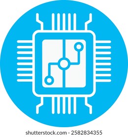 A minimalist Circuit Board icon with clean white lines forming circuit pathways on a light Cambridge blue background. Modern and futuristic, symbolizing technology, connectivity, and digital innovatio