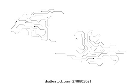 Minimalist circuit board schematic with interconnected lines and component symbols on white background