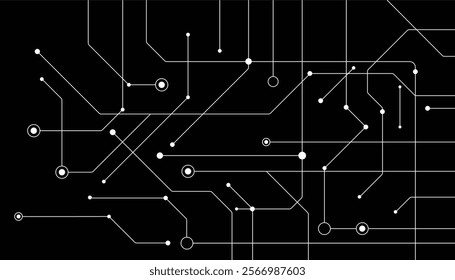 Minimalist Circuit Design with Lines and Dots on Black Background