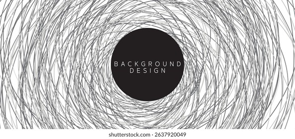 Minimalist Circular Abstract Background with Large Central Black Circle, Surrounded by Swirling Thin Gray Lines, Textured Gradients, and a Muted Gray-White Palette for Elegant Visual Depth