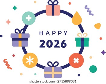 Disposición circular minimalista de cajas de regalo e iconos de fiesta, diseño festivo limpio ideal para celebraciones, eventos, fiestas y proyectos decorativos digitales o impresos.