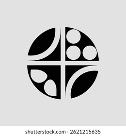 Ein minimalistisches kreisförmiges Design mit schwarzen Blumenmustern und gepunkteten Akzenten, perfekt für moderne Dekoration, Tattoos oder grafische Projekte.