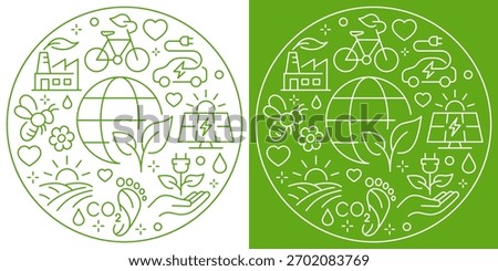 A minimalist circular eco icon composition illustrating sustainability, clean energy, recycling, low CO2, green transport, and nature protection.