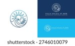 A minimalist circular emblem blending a vintage sun, sea waves, and an amphora in clean, fluid lines. It embodies the timeless elegance and tranquil essence of a classic French coastal villa.