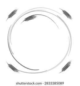 A minimalist circular frame created with charcoal pencil style brush strokes and small accent marks around the perimeter on a white background.
