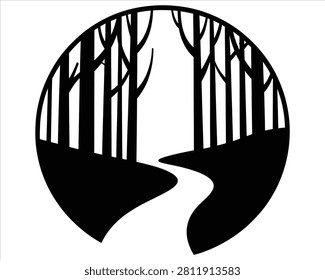 Minimalist circular icon featuring a forest path between tall trees