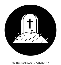 A minimalist circular icon featuring a grave marker with a Christian cross symbol. This simple black and white design represents death, funeral, burial, and mourning.