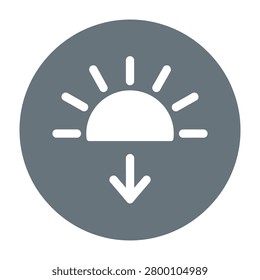 A minimalist circular icon featuring a stylized sun setting with a prominent downward arrow, symbolizing concepts like energy reduction, solar power, or sunset.