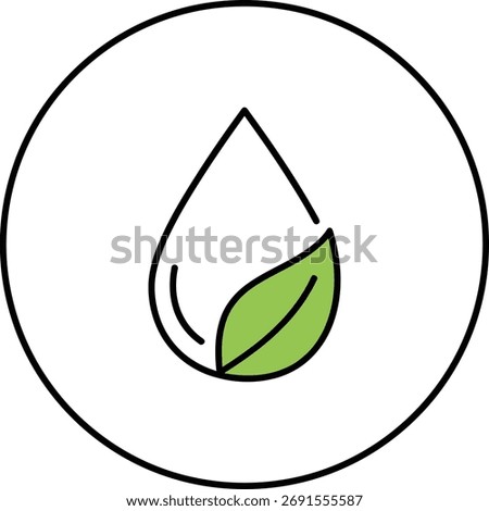 A minimalist circular icon featuring a stylized water droplet with a vibrant green leaf inside, symbolizing nature, purity, and eco-friendliness.