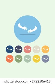 Um ícone circular minimalista com duas mãos brancas estendidas para formar um abraço quente. Simboliza conforto, conexão e uma comunidade solidária.
