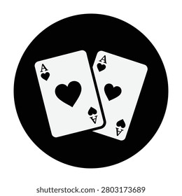 A minimalist circular icon featuring two ace of hearts playing cards. This sleek symbol represents gambling, poker, casino games, winning, and strategic card play.