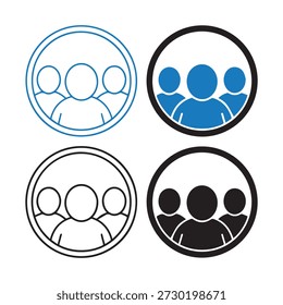 Iconos circulares minimalistas que representan grupos de tres personas en azul y negro