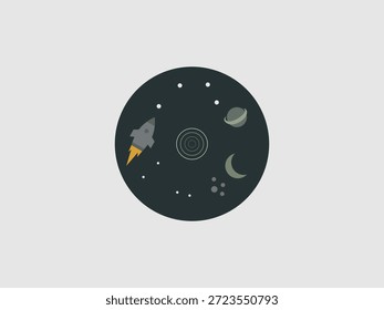 Uma ilustração circular minimalista do espaço exterior com um foguete cinza com uma chama laranja