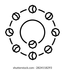 A minimalist circular infographic design featuring small pie chart symbols connected in a ring pattern, suitable for data visualization and business process presentations.