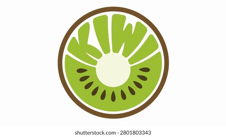 Minimalist circular kiwi fruit logo with stylized text and seed details on white background.