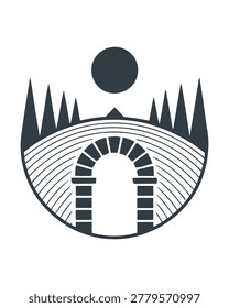 Minimalist circular landscape featuring a stone archway bridge surrounded by coniferous forest and a full moon