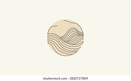 Minimalist circular line art illustration depicting ocean waves and rolling sea water on a soft beige background.