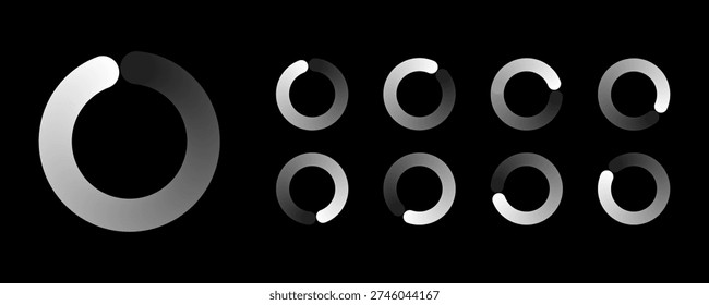 Minimalist circular loading buffering icon set with smooth gradient ring progress status for digital UI UX dark mode interface design.
