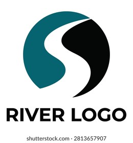 A minimalist circular logo design representing a flowing river through a split shape. The clean aesthetic is perfect for travel, environmental, or nature brands.