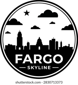 A minimalist circular logo featuring the city skyline of Fargo North Dakota. This black and white graphic design showcases iconic buildings, clouds, and a star.