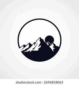 Minimalist circular logo featuring dark mountains and a sun