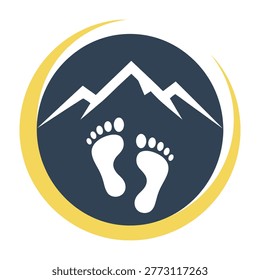 A minimalist circular logo featuring white mountain peaks and human footprints on a dark blue background. Perfect for hiking, trekking, eco-tourism, and outdoor brands.