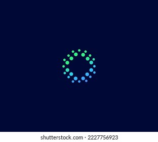 Minimalist circular logo or icon made of gradient dots. Modern design transitions from blue to green on a dark background. Ideal for tech, data, or network branding.