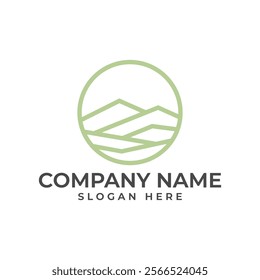 Minimalist circular logo with stylized mountains, symbolizing nature and tranquility. Green color conveys harmony and peace. Ideal for travel, tourism, and outdoor-related businesses.