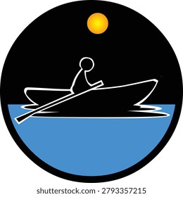 Minimalist circular logo vector featuring a man rowing a boat on the sea at night illuminated by the moon. Perfect for adventure, fishing, marine, outdoor, travel, camping, nautical branding, badges, stickers, t-shirt designs, and nature-inspired projects.