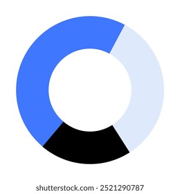 A minimalist circular pie chart with three segments in varying shades of blue and black. Ideal for data analysis infographics presentations business reports and statistics Modern simple clean