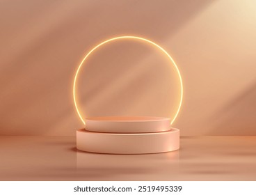 Pódio circular minimalista com anel de néon brilhante para exibições elegantes de produtos, perfeito para mostrar cosméticos, joias ou pequenos itens no varejo de luxo, beleza