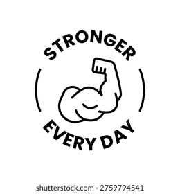 minimalist circular stronger every day logo featuring a strong bicep muscle icon for fitness motivation
