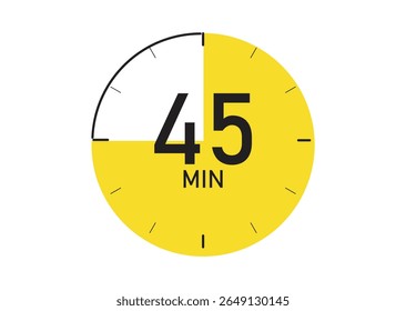 A minimalist circular timer graphic in bright yellow, displaying '45 MIN'. It features black minute markers and a black outline, indicating a time duration.