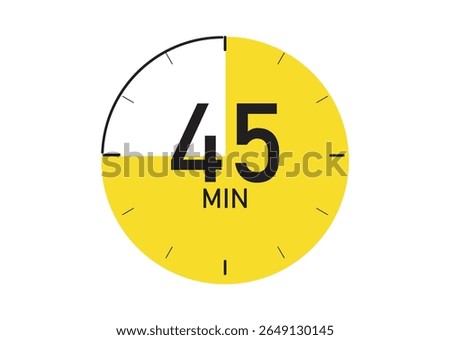 A minimalist circular timer graphic in bright yellow, displaying '45 MIN'. It features black minute markers and a black outline, indicating a time duration.