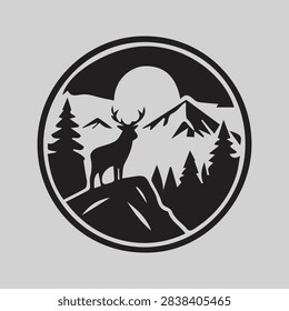 A minimalist circular vector badge featuring a silhouette of a deer standing on a rocky cliff with mountains and pine trees in the background.