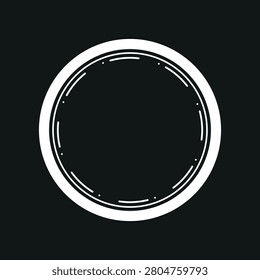 Minimalist circular vector design with a black background and white outline, featuring subtle decorative elements inside the circle.
