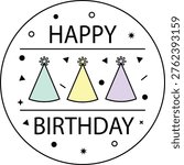 A minimalist circular vector illustration with "Happy Birthday" text, featuring three colorful party hats and scattered confetti stars on a white background for celebration designs.